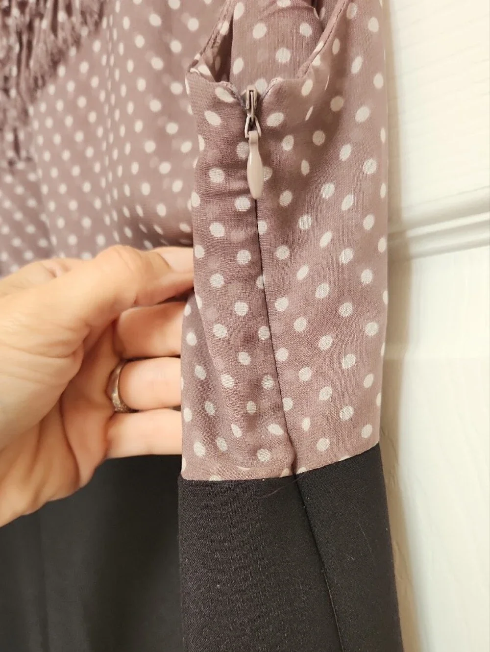 Anne Klein Black & Taupe Polka Dot Ruffle Sheath Midi Dress